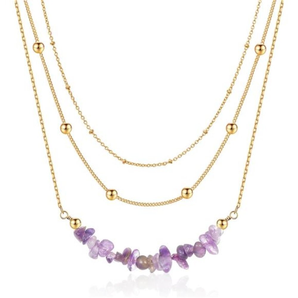 💎 Layered Stone Necklace | 14K Gold Plated Multi-Chain Pendant